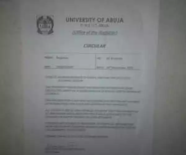 MUST READ: Letter from UNIABUJA Registrar to all University of Abuja students